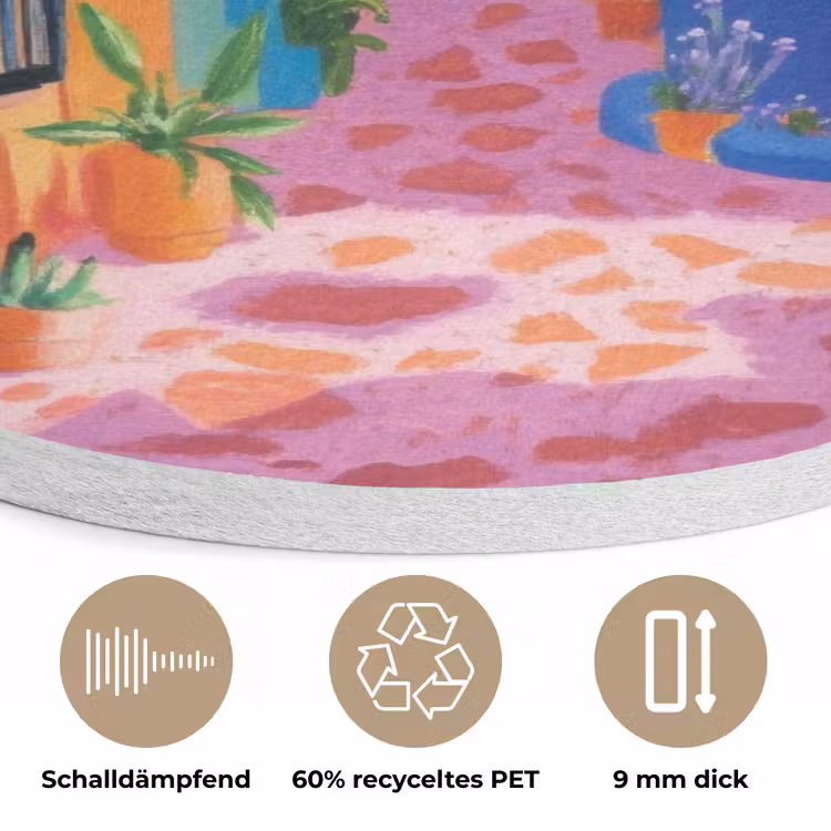 Geel - Blauw - Oranje - Huis Akoestische PET Vilt - Rond klein -closeup_DE