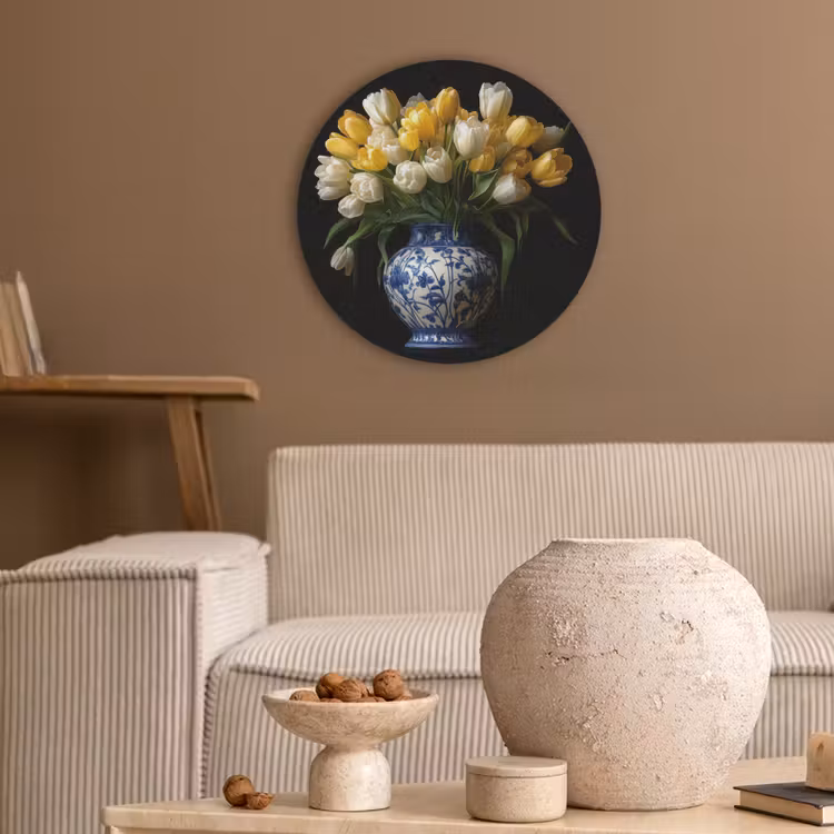 Geel - Tulpen - Vaas - Bloemen Akoestische PET Vilt - Rond klein -sfeer1