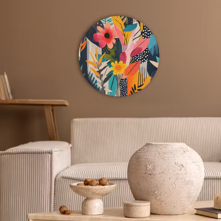 Schilderij - Abstract - Bloemen - Roze Akoestische PET Vilt - Rond klein -sfeer1