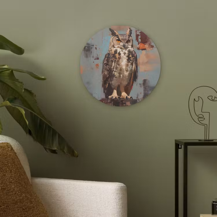 Geschilderd - Abstract - Uil - Bruin Akoestische PET Vilt - Rond klein -sfeer2