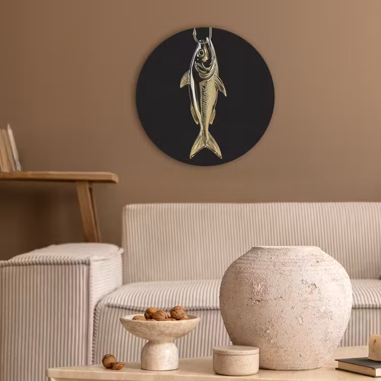 Goud - Vis - Haak - Zwart Akoestische PET Vilt - Rond klein -sfeer1