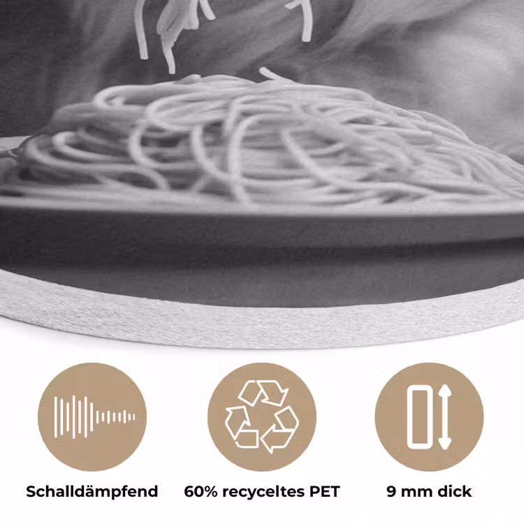 Golden Retriever - Hond - Vrolijk - Bord spaghetti - Zwart - wit Akoestische PET Vilt - Rond klein -closeup_DE