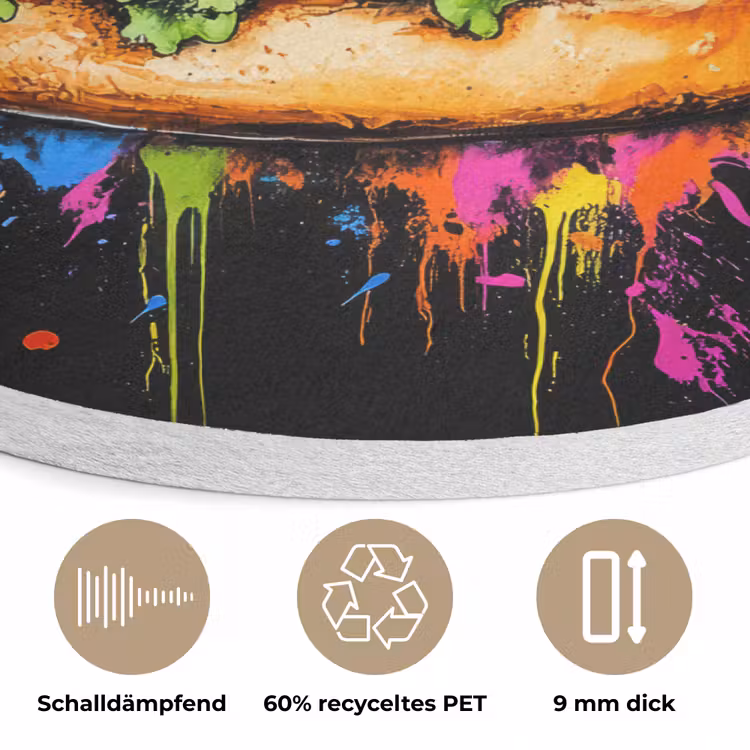 Hamburger - Graffiti - Verf - Kleurrijk - Eten - Abstract Akoestische PET Vilt - Rond klein -closeup_DE