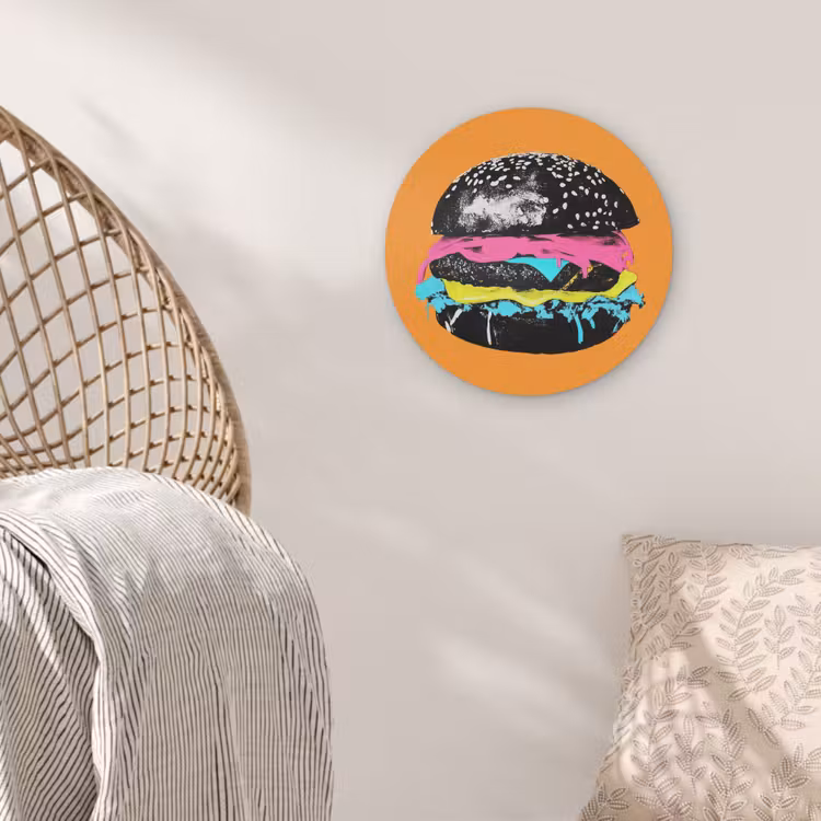Hamburger - Oranje - Neon - popart Akoestische PET Vilt - Rond klein -sfeer4