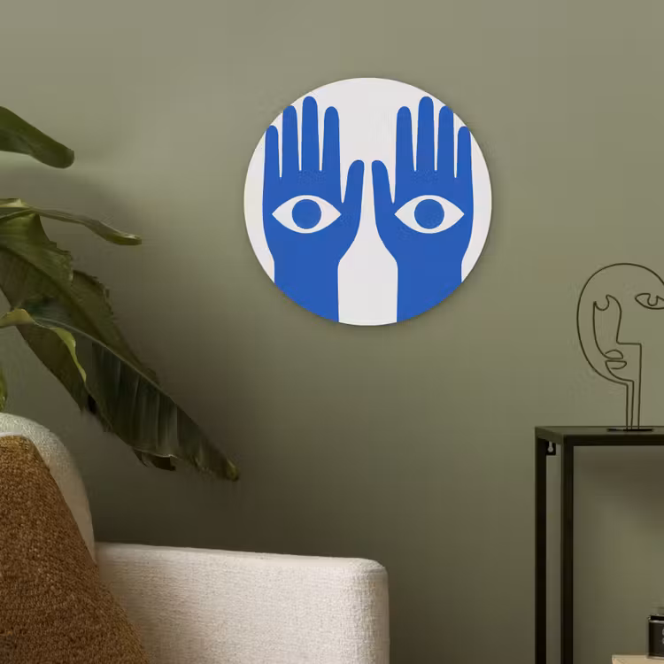 Handen - Twee - Ogen - Blauw Akoestische PET Vilt - Rond klein -sfeer2