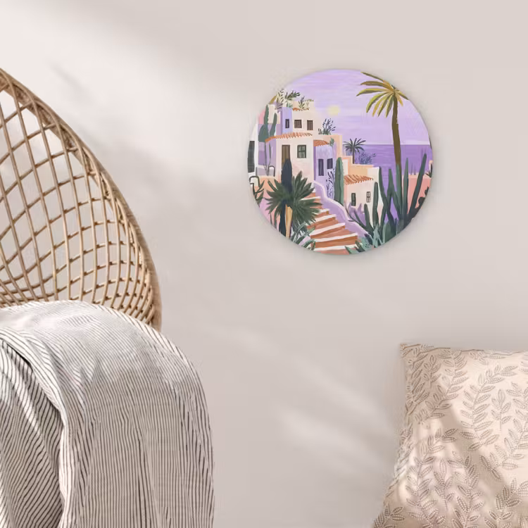 Huizen - Minimalistisch - Palmbomen - Kust Akoestische PET Vilt - Rond klein -sfeer4