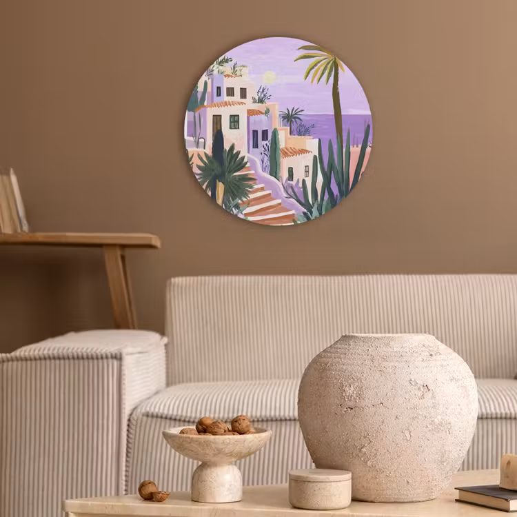 Huizen - Minimalistisch - Palmbomen - Kust Akoestische PET Vilt - Rond klein -sfeer1