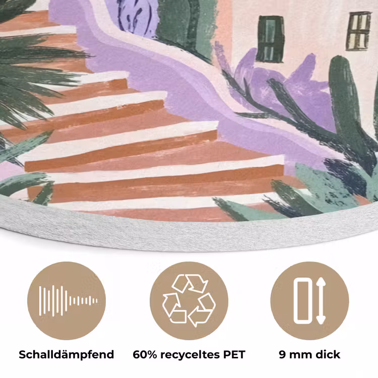 Huizen - Minimalistisch - Palmbomen - Kust Akoestische PET Vilt - Rond klein -closeup_DE