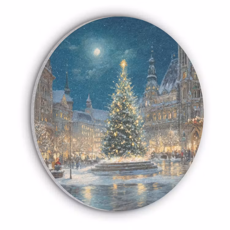 Kerstnacht - Stadsplein - Meerkleurig Akoestische PET Vilt - Rond klein -3d