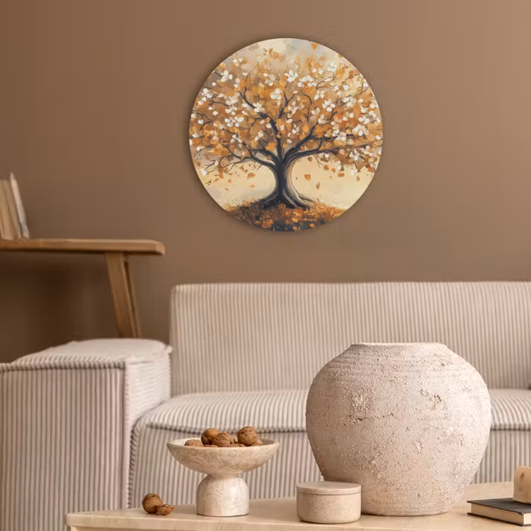 Herfst - Boom - Oranje - Bladeren - Levensboom - Abstract Akoestische PET Vilt - Rond klein -sfeer1