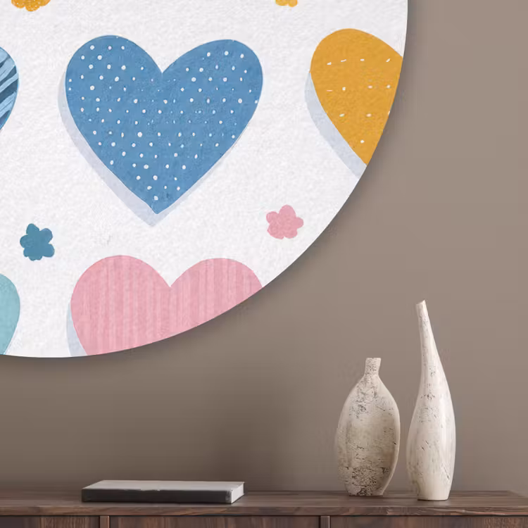 Hartjes - Pastel - Kleurcontrast - Handgetekend Akoestische PET Vilt - Rond klein -sfeer5_closeup