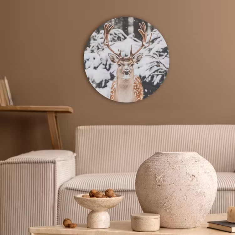 Hert - Sneeuw - Winter - Bos - Dieren Akoestische PET Vilt - Rond klein -sfeer1