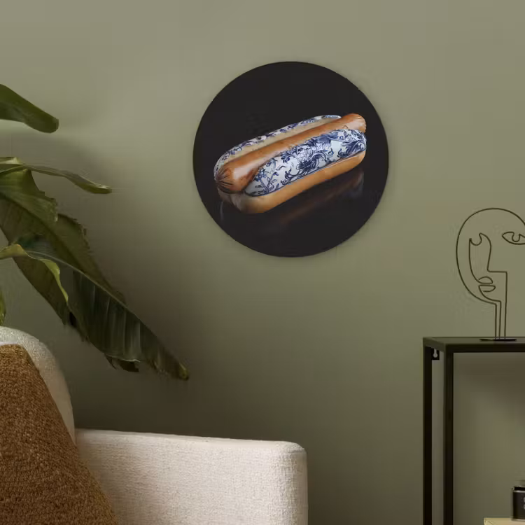 Hotdog - Porselein - Delfts blauw - Eten Akoestische PET Vilt - Rond klein -sfeer2