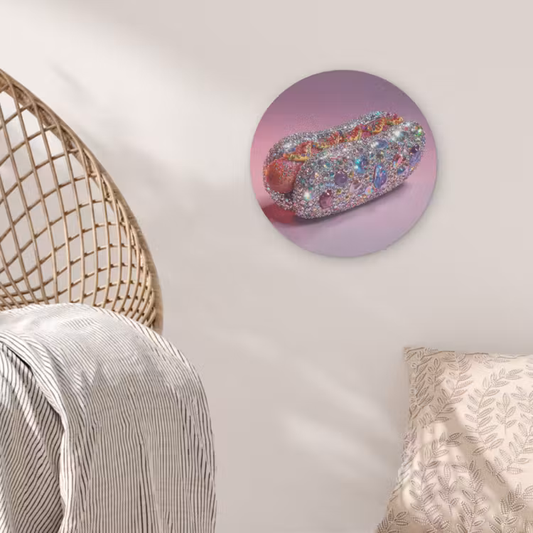 Hotdog - Steentjes - Glitters - Paars Akoestische PET Vilt - Rond klein -sfeer4