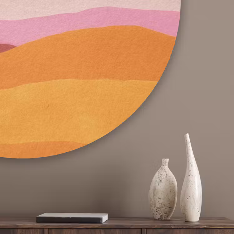 Heuvels - Oranje - Zon - Abstract Akoestische PET Vilt - Rond klein -sfeer5_closeup