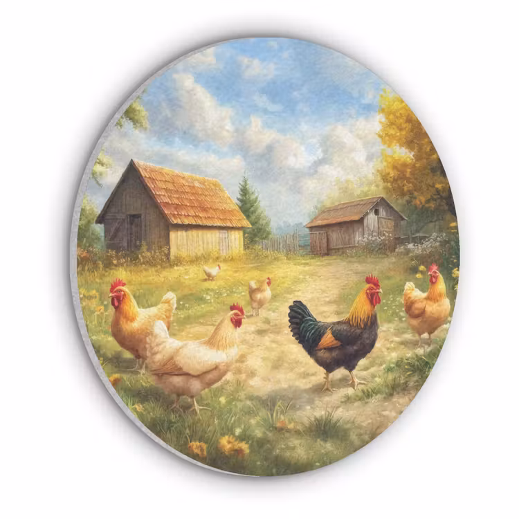 Kippen - Landelijke rust - Natuur Akoestische PET Vilt - Rond klein -3d