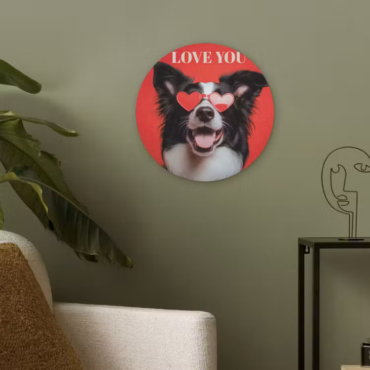 Hond - Hartjesbril - Loveyou - Rood Akoestische PET Vilt - Rond klein -sfeer2