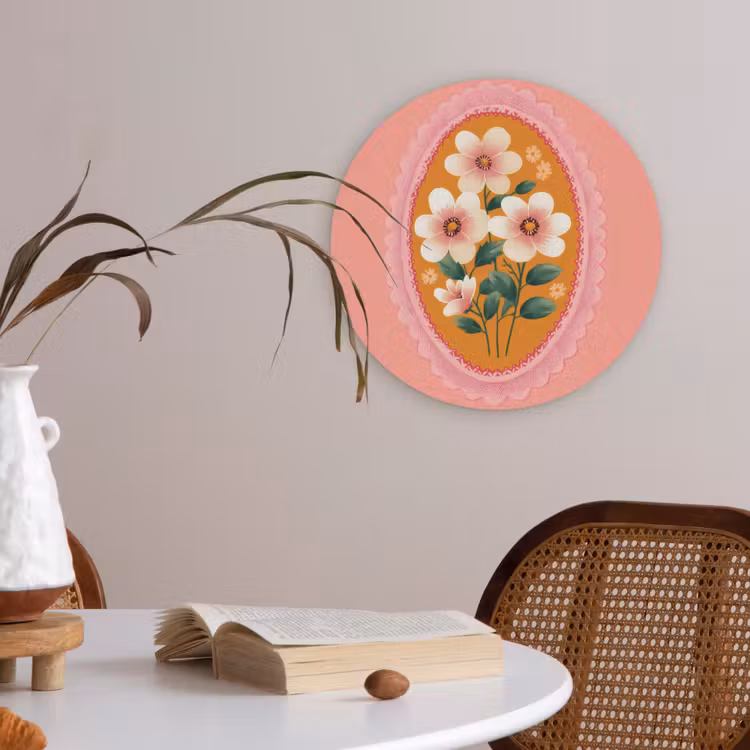 Illustratie - Bloemen - Rand - Roze Akoestische PET Vilt - Rond klein -sfeer3