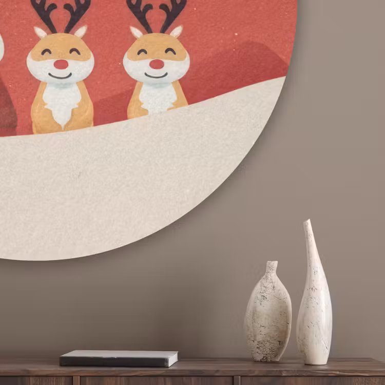 Illustratie - Kerstman - Rendieren - Rood Akoestische PET Vilt - Rond klein -sfeer5_closeup