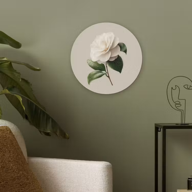 Cameliabloem - Wit - Groen Akoestische PET Vilt - Rond klein -sfeer2