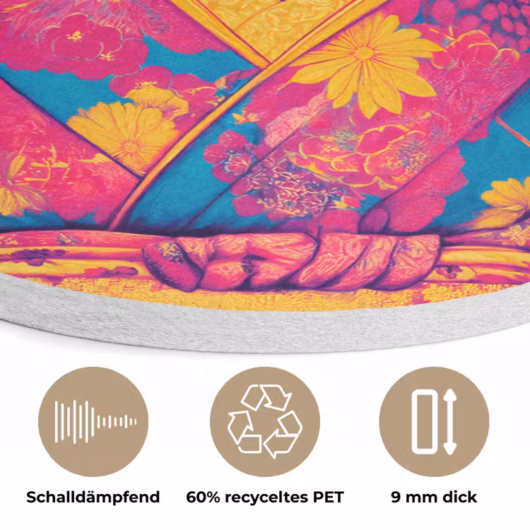 Konijn - Bloemen - Kleurrijk - Kimono Akoestische PET Vilt - Rond klein -closeup_DE