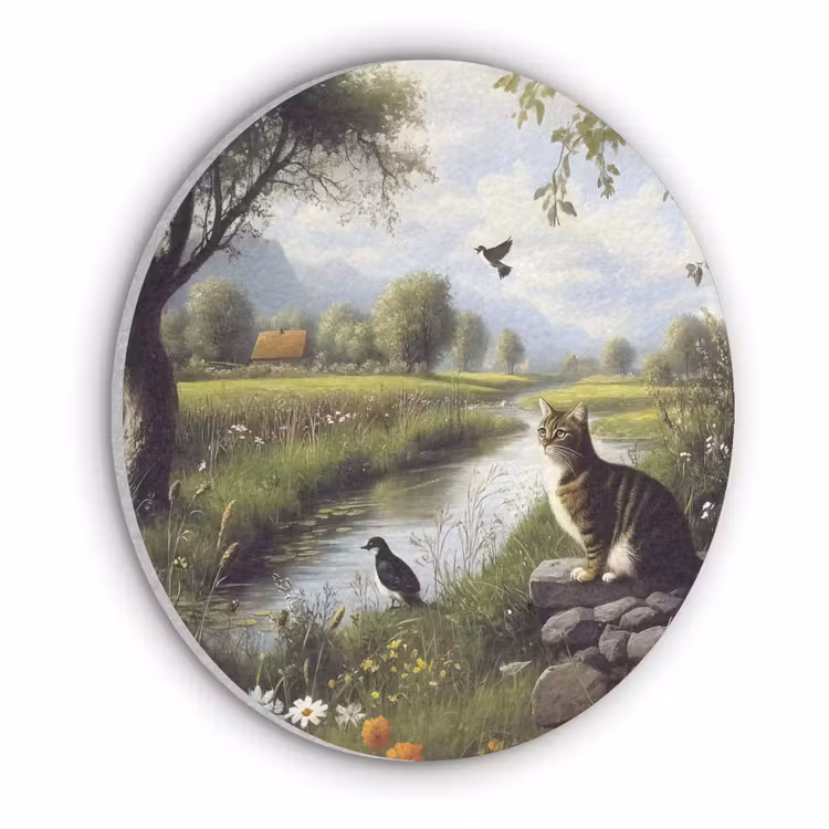 Kat - Beekje - Weide Akoestische PET Vilt - Rond klein -3d