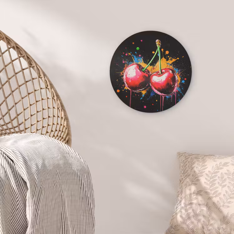 Kersen - Fruit - Graffiti - Verf - Abstract - Modern - Kleurrijk Akoestische PET Vilt - Rond klein -sfeer4