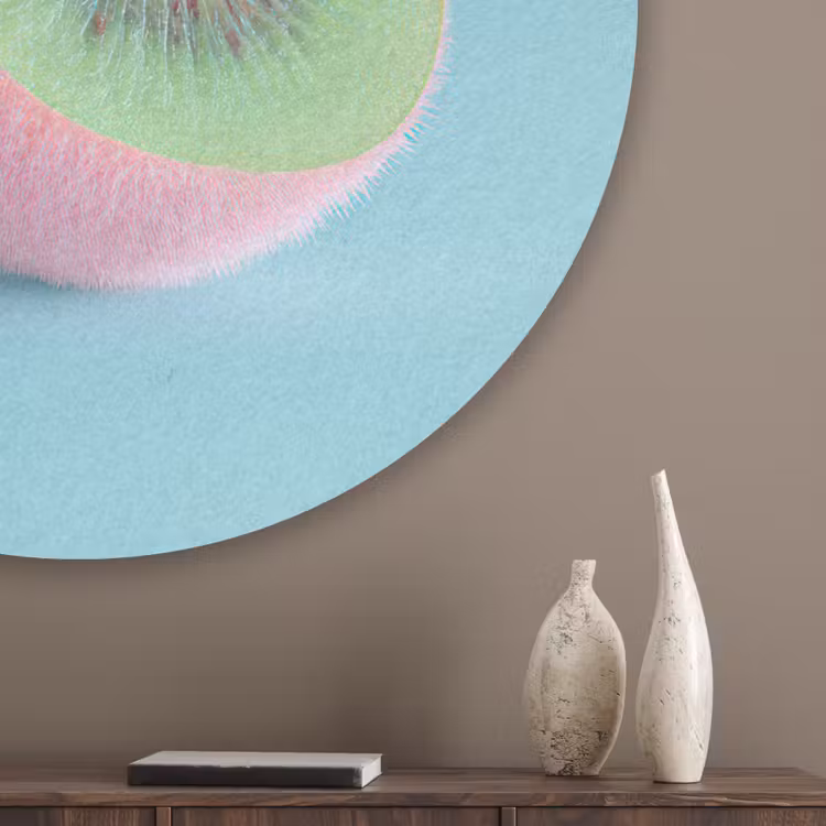 Kiwi - Blauw - Surrealistisch Akoestische PET Vilt - Rond klein -sfeer5_closeup