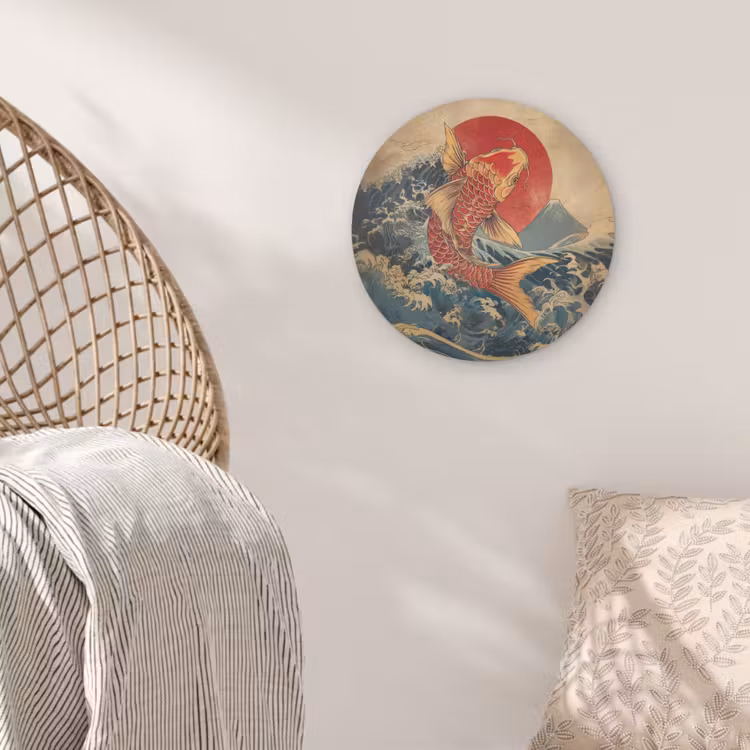 Koi - Zee - Golven - Zon Akoestische PET Vilt - Rond klein -sfeer4