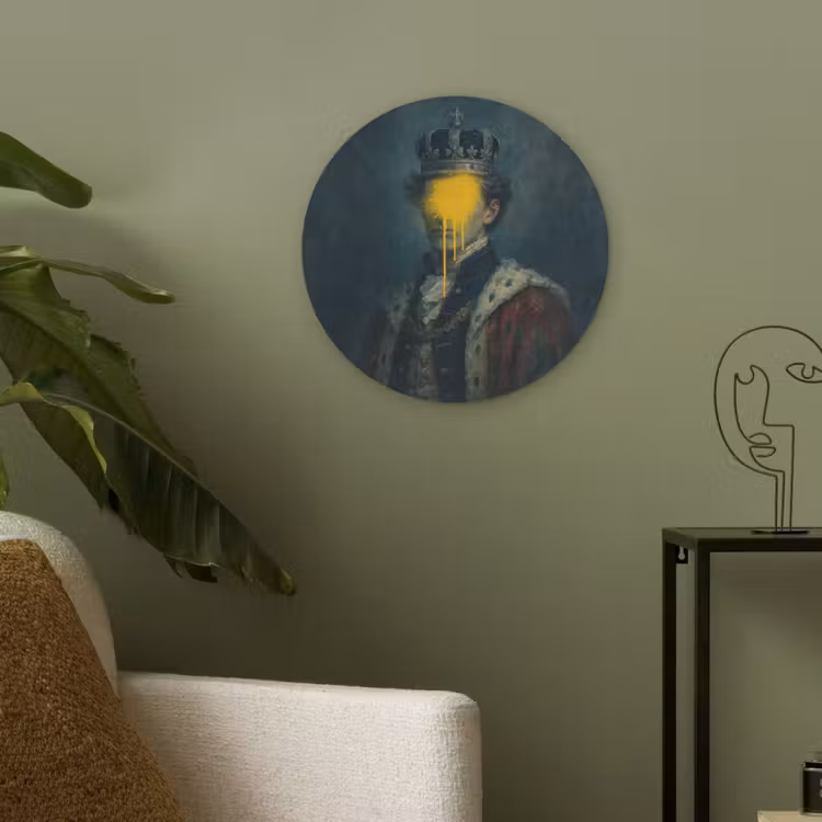 Koning - Portret - Druipende gele verf Akoestische PET Vilt - Rond klein -sfeer2