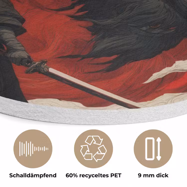 Krijger - Draak - Zwart - Rood - Rook Akoestische PET Vilt - Rond klein -closeup_DE