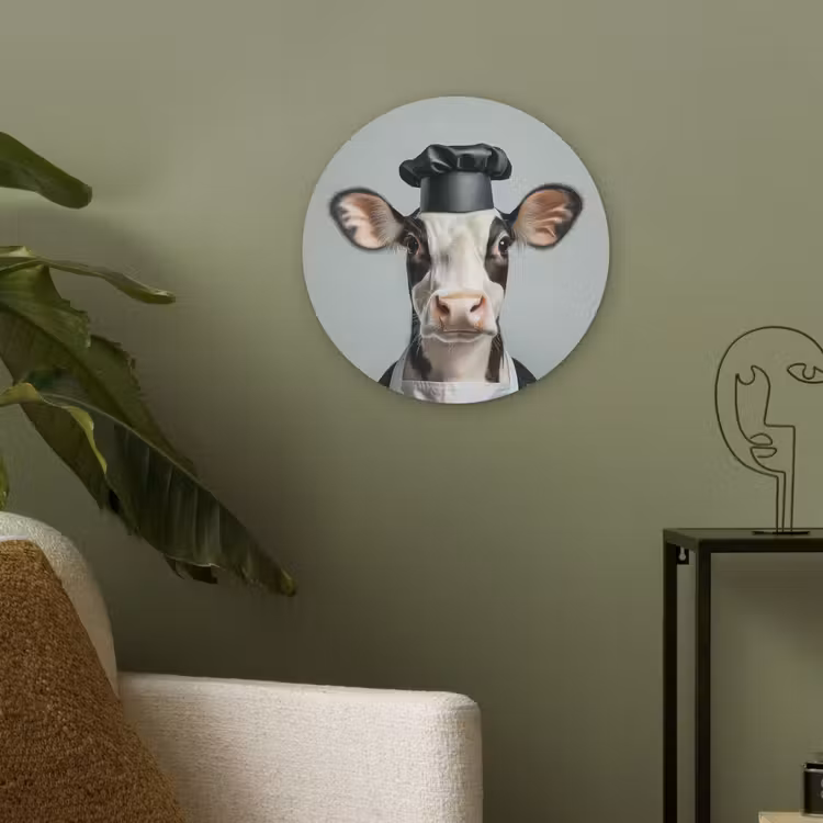 Koe - Zwart - Wit - Kok Akoestische PET Vilt - Rond klein -sfeer2