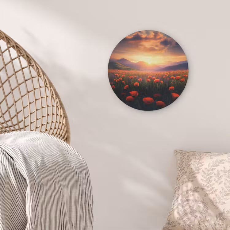 Landschap - Zonsondergang - Bloemenveld Akoestische PET Vilt - Rond klein -sfeer4