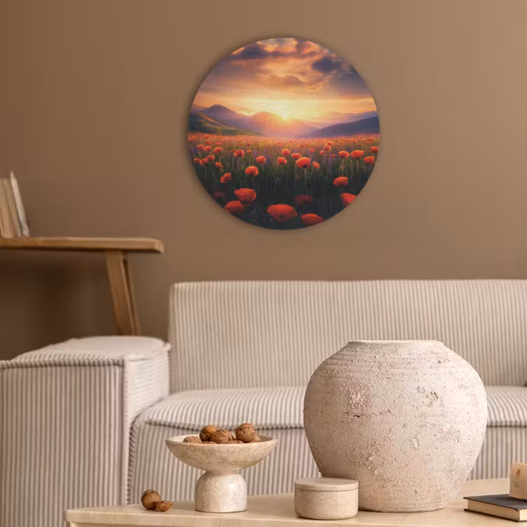 Landschap - Zonsondergang - Bloemenveld Akoestische PET Vilt - Rond klein -sfeer1