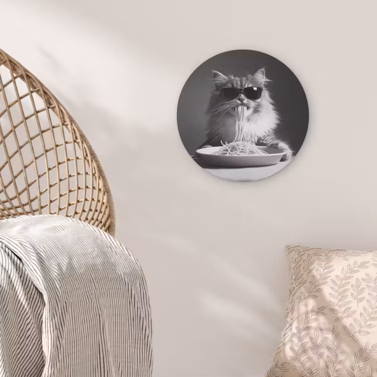 Langharige kat - Zonnebril - Spaghetti - Humor - Zwart - wit Akoestische PET Vilt - Rond klein -sfeer4