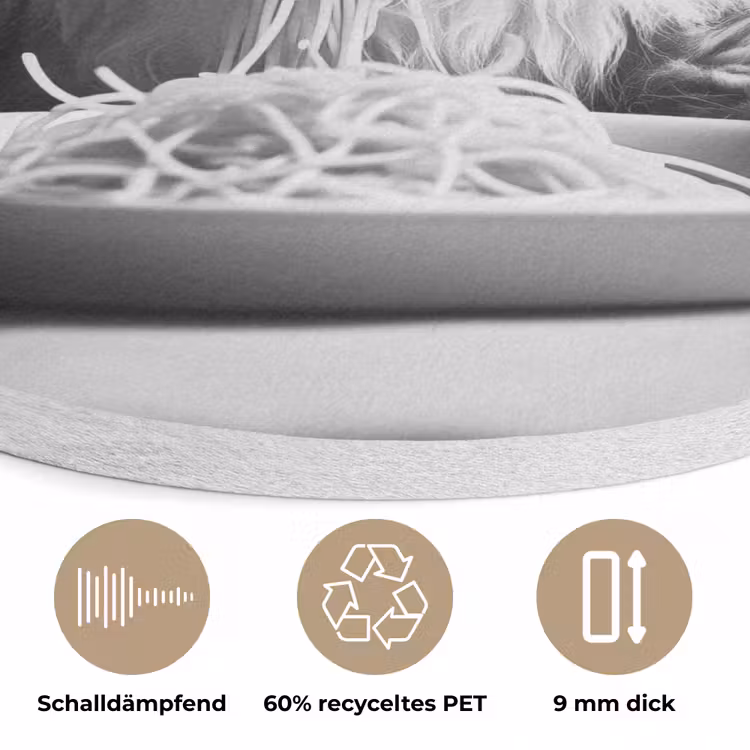 Langharige kat - Zonnebril - Spaghetti - Humor - Zwart - wit Akoestische PET Vilt - Rond klein -closeup_DE