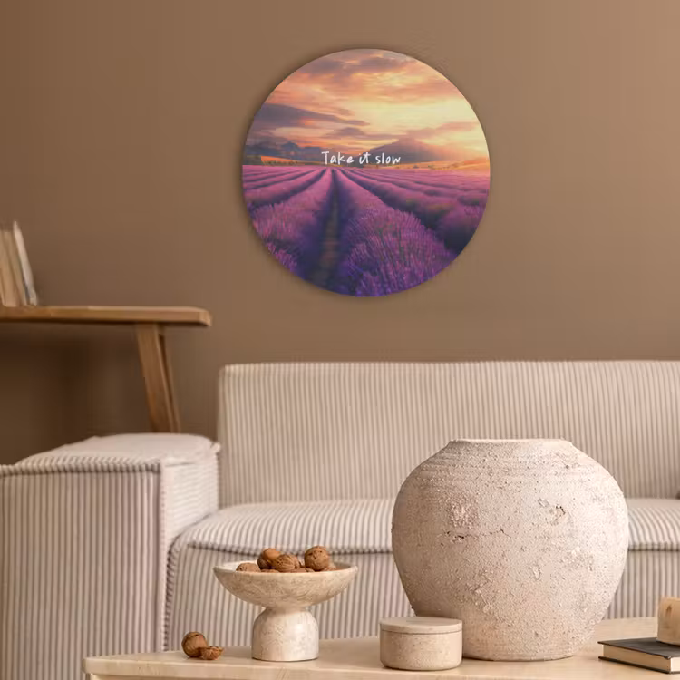 Lavendelveld - Quote - Zonsondergang Akoestische PET Vilt - Rond klein -sfeer1