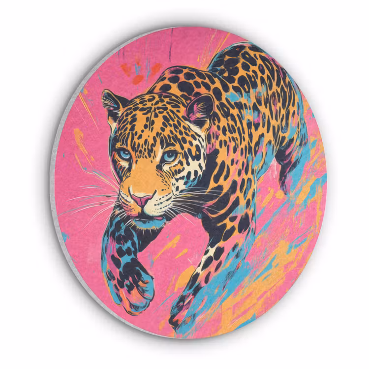 Luipaard - Roze - Oranje - Blauw - Verf Akoestische PET Vilt - Rond klein -3d