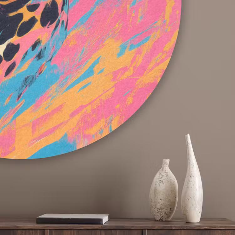 Luipaard - Roze - Oranje - Blauw - Verf Akoestische PET Vilt - Rond klein -sfeer5_closeup