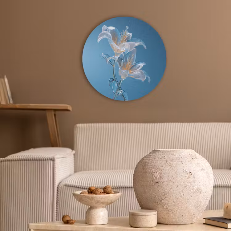 Lelies - Blauw - Glazen Akoestische PET Vilt - Rond klein -sfeer1
