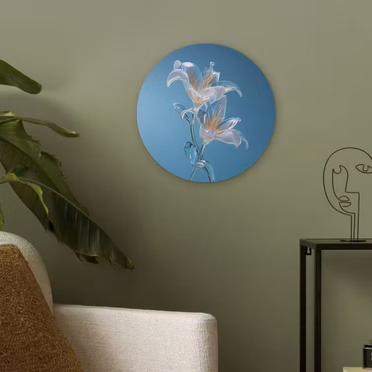Lelies - Blauw - Glazen Akoestische PET Vilt - Rond klein -sfeer2