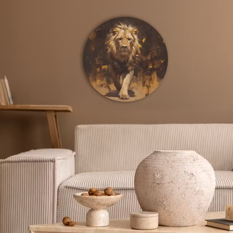 Leeuw - Geschilderd - Abstract - Goud Akoestische PET Vilt - Rond klein -sfeer1