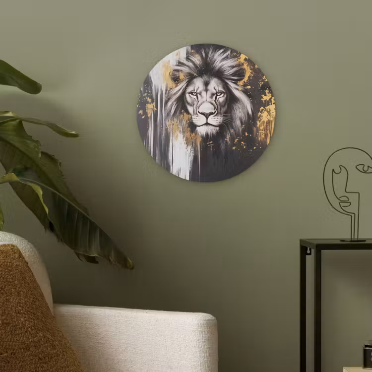 Leeuw - Portret - Verfspatten - Grijs Akoestische PET Vilt - Rond klein -sfeer2