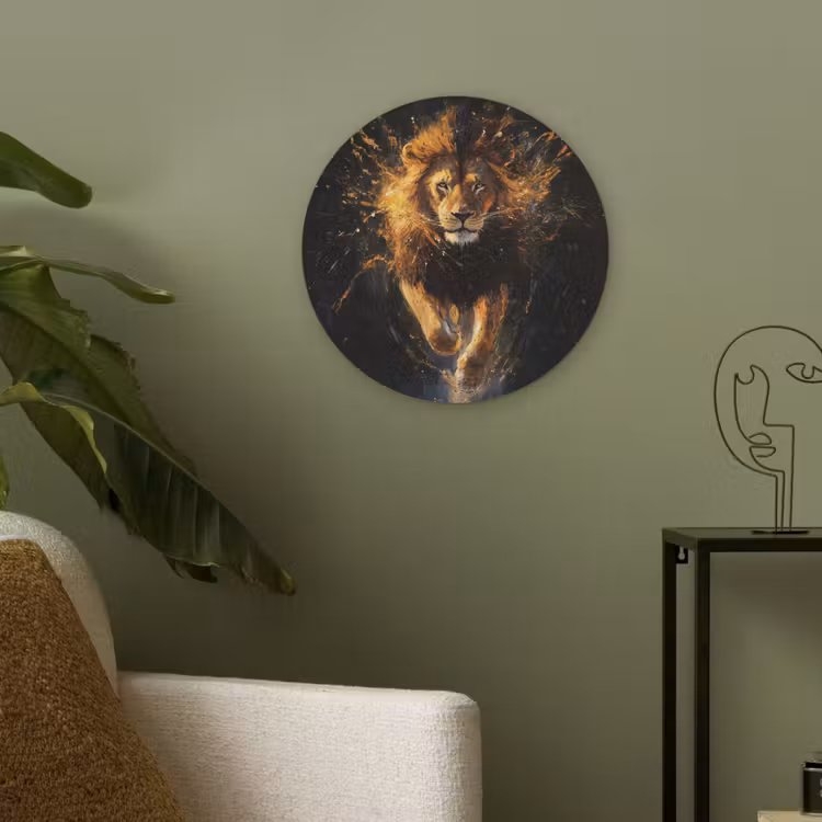 Leeuw - Zwart - Oranje - Verf Akoestische PET Vilt - Rond klein -sfeer2