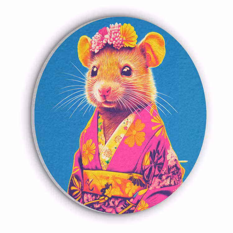 Muis - Kimono - Bloemen - Blauw Akoestische PET Vilt - Rond klein -3d
