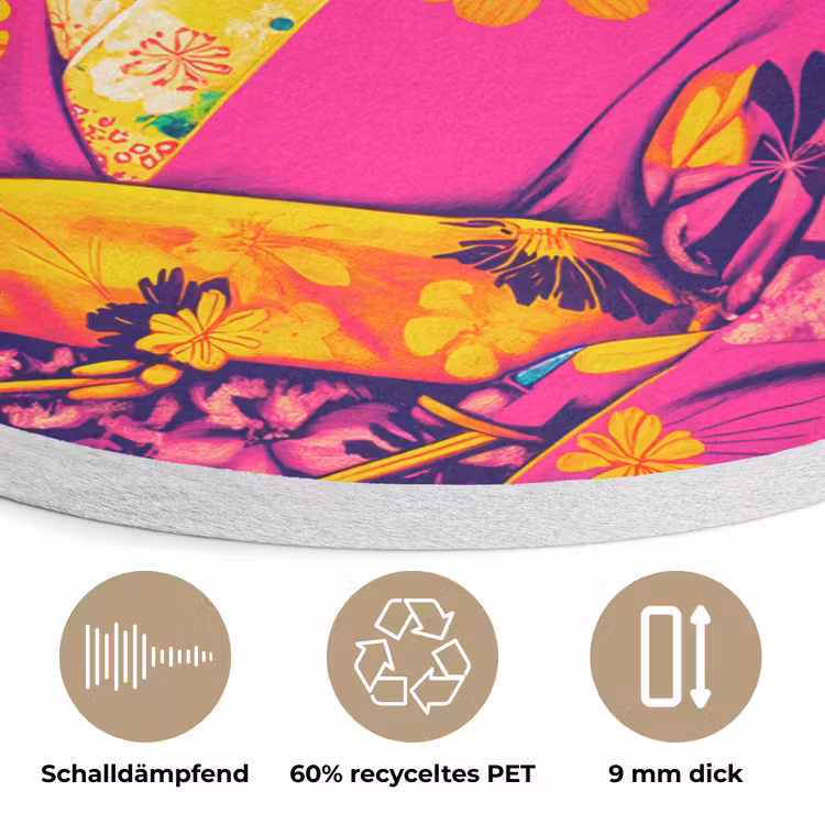 Muis - Kimono - Bloemen - Blauw Akoestische PET Vilt - Rond klein -closeup_DE