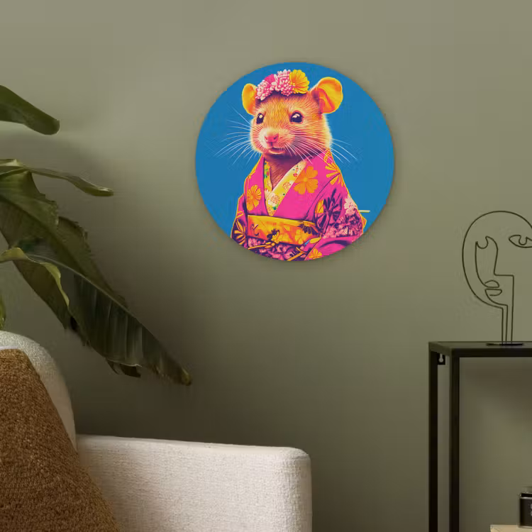 Muis - Kimono - Bloemen - Blauw Akoestische PET Vilt - Rond klein -sfeer2
