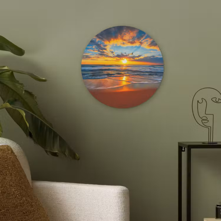 Zee - Zonsondergang - Strand - Wolken - Oranje Akoestische PET Vilt - Rond klein -sfeer2