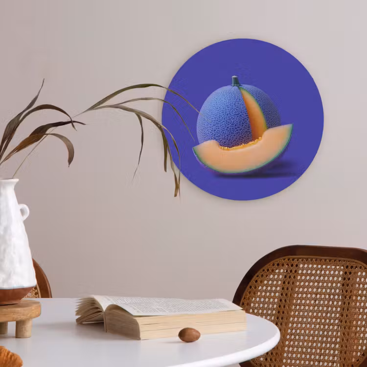Meloen - Blauw - Oranje - Kunstzinnig Akoestische PET Vilt - Rond klein -sfeer3