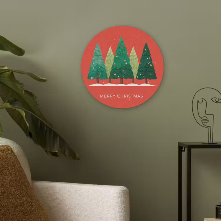 Minimalistisch - Kerstbomen - Rood - Sneeuw Akoestische PET Vilt - Rond klein -sfeer2